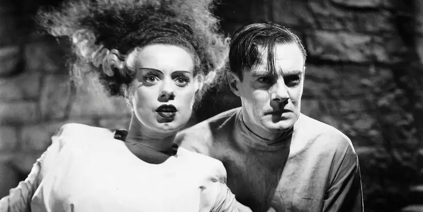 The Monster's Mate (Elsa Lanchester) and Doctor Henry Frankenstein (Colin Clive) looking ahead in 'Bride of Frankenstein' (1935)